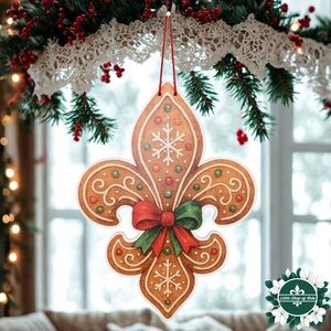Gingerbread Fleur de Lis Door Hanger New Orleans Louisiana Christmas Decor Sign